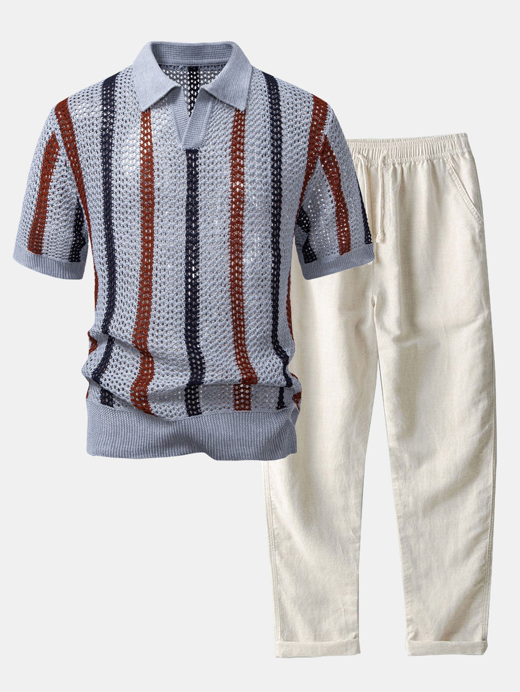 Striped Crochet Knit Polo and Linen Pants Set for Men | Summer Vacation Outfit