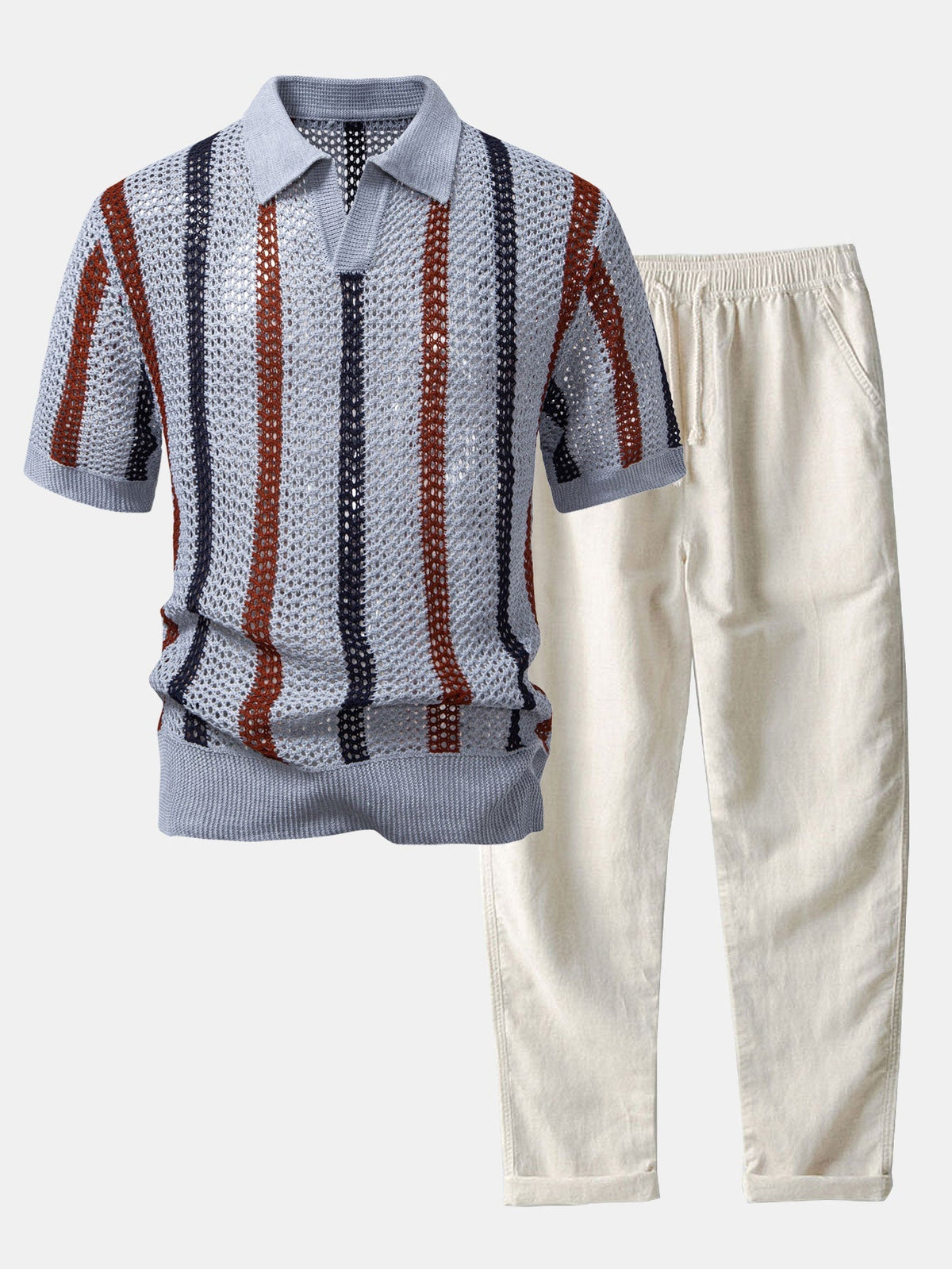 Striped Crochet Knit Polo and Linen Pants Set for Men | Summer Vacation Outfit