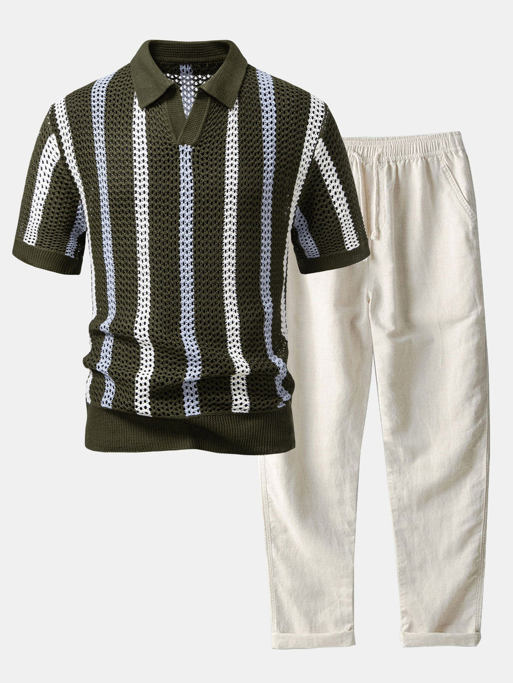 Striped Crochet Knit Polo and Linen Pants Set for Men | Summer Vacation Outfit
