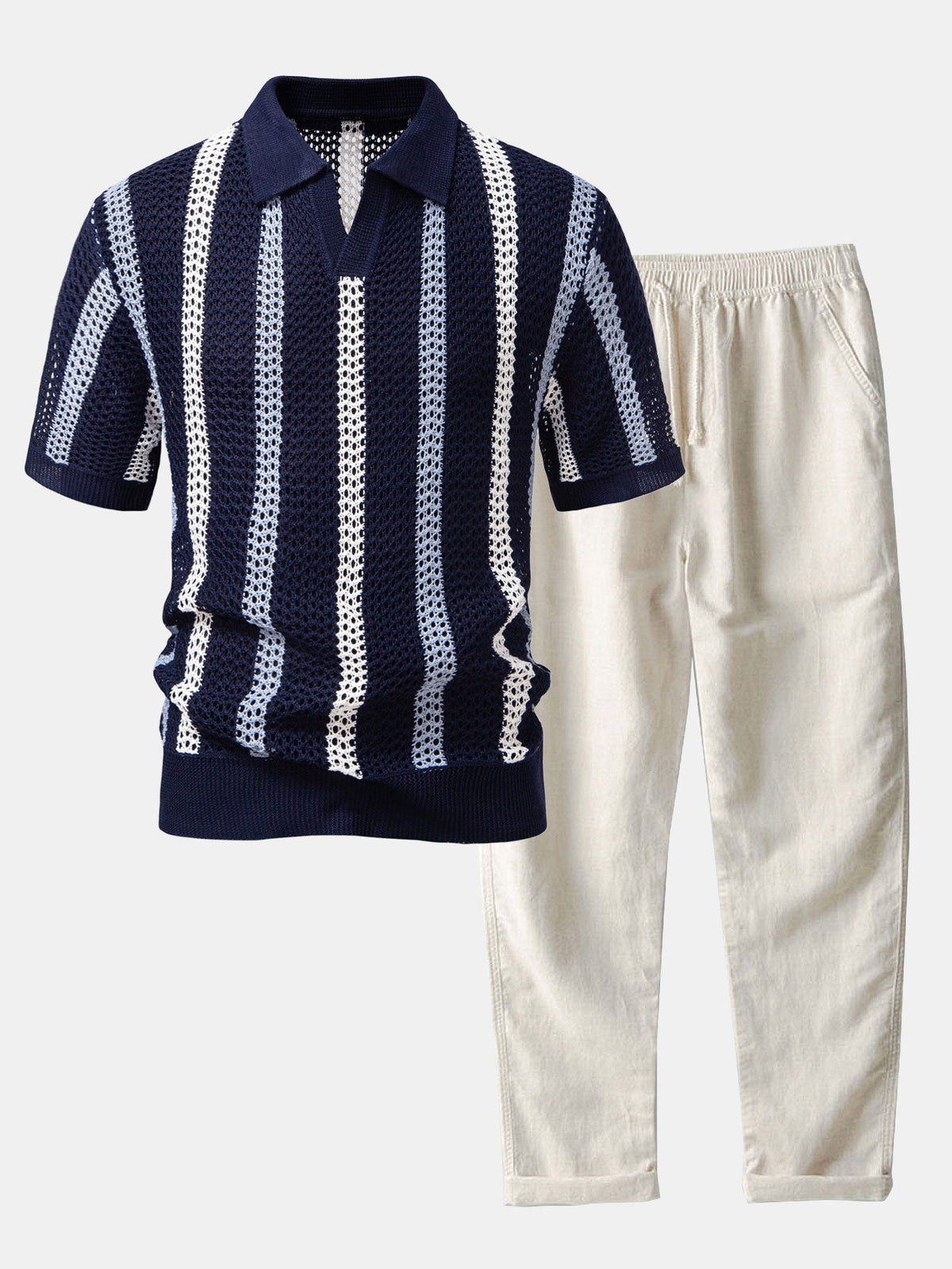 Striped Crochet Knit Polo and Linen Pants Set for Men | Summer Vacation Outfit