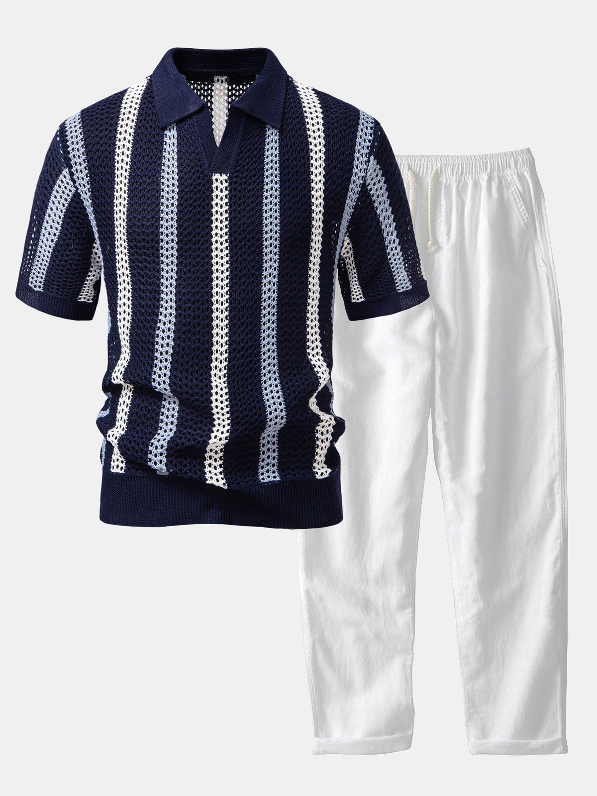 Striped Crochet Knit Polo and Linen Pants Set for Men | Summer Vacation Outfit
