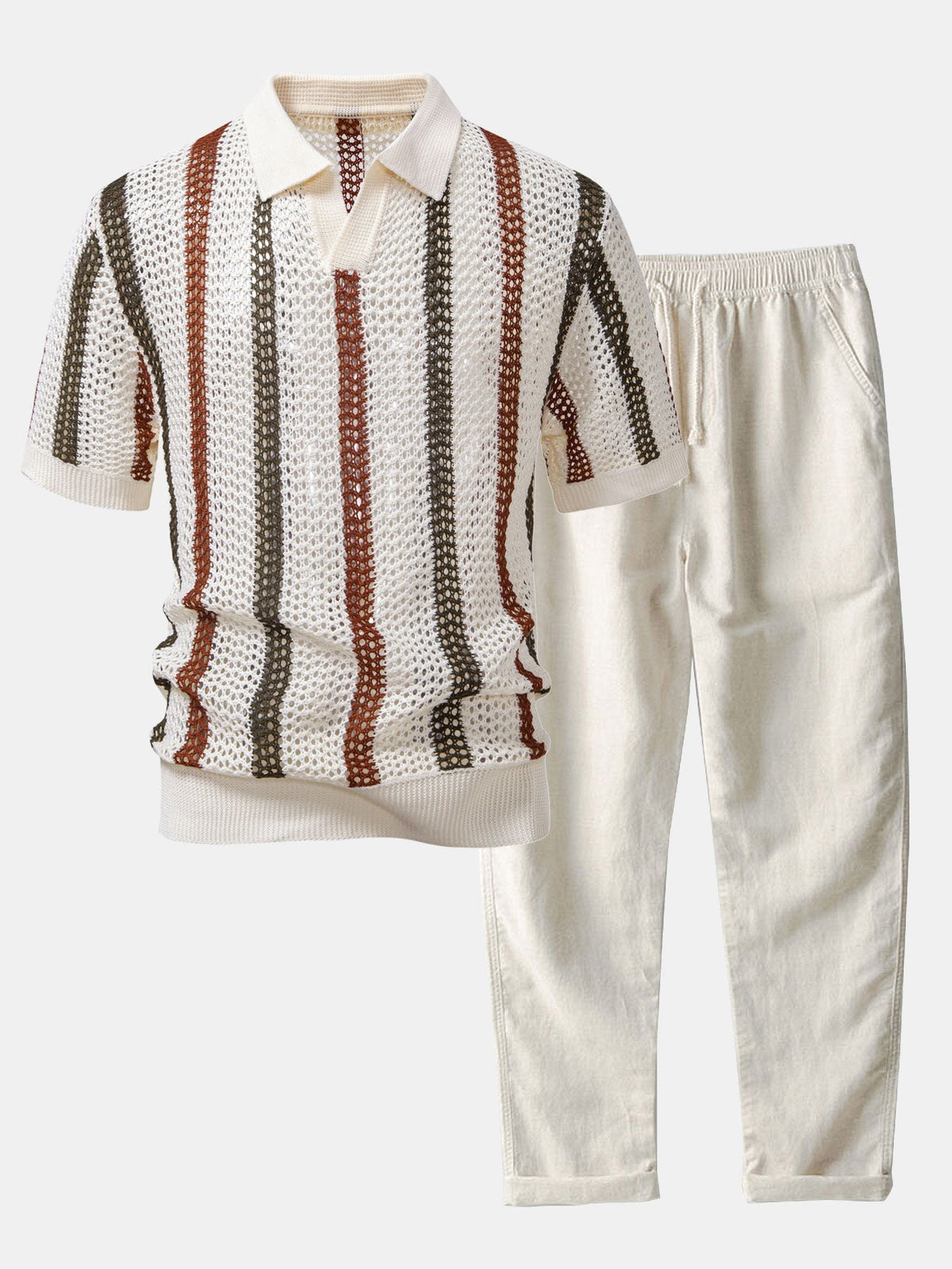 Striped Crochet Knit Polo and Linen Pants Set for Men | Summer Vacation Outfit