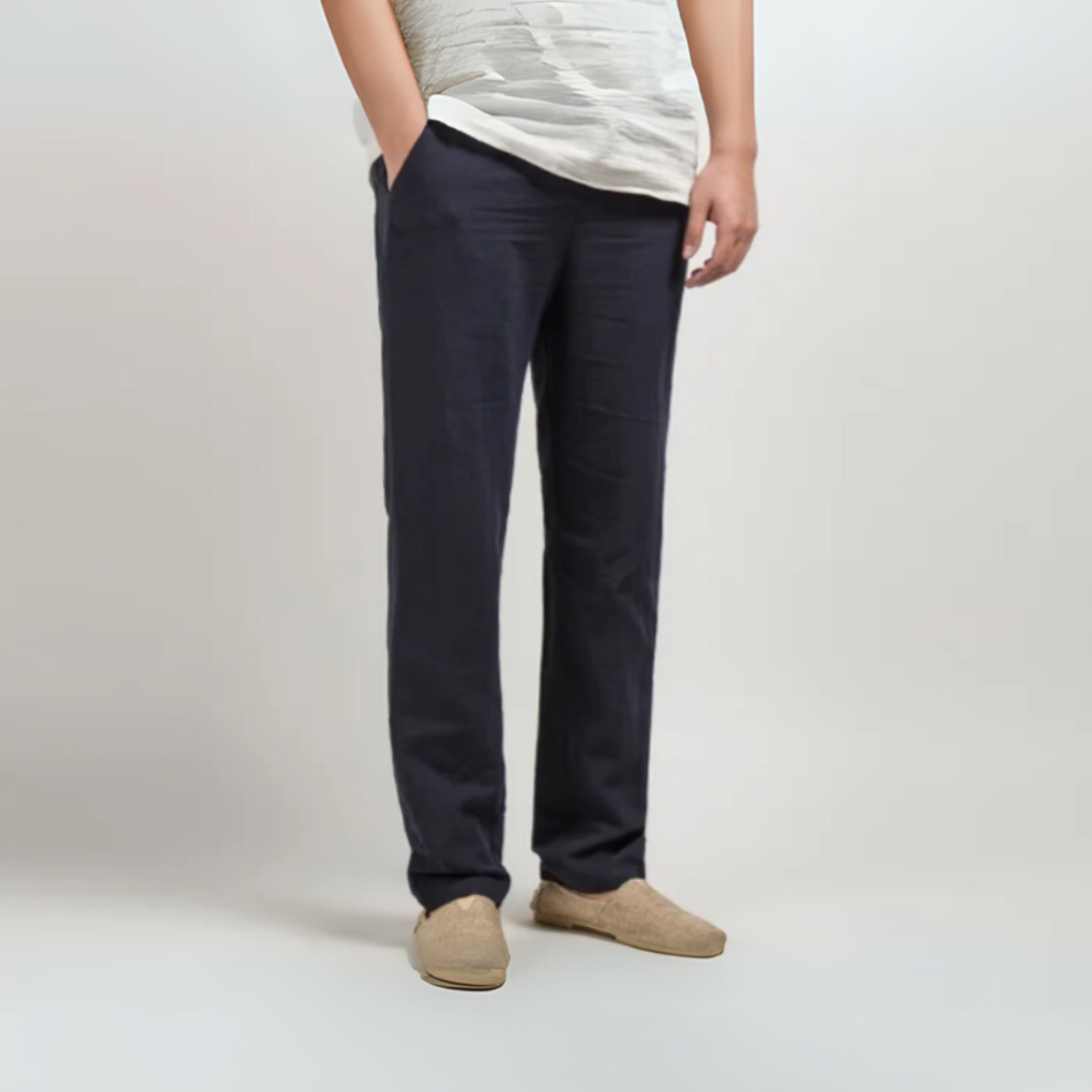 Beige Linen Relaxed Fit Straight Leg Lightweight Mid Rise Pants for Men