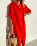 Red Woven Relaxed Fit Midi Shirt Dress for Women | Casual Summer