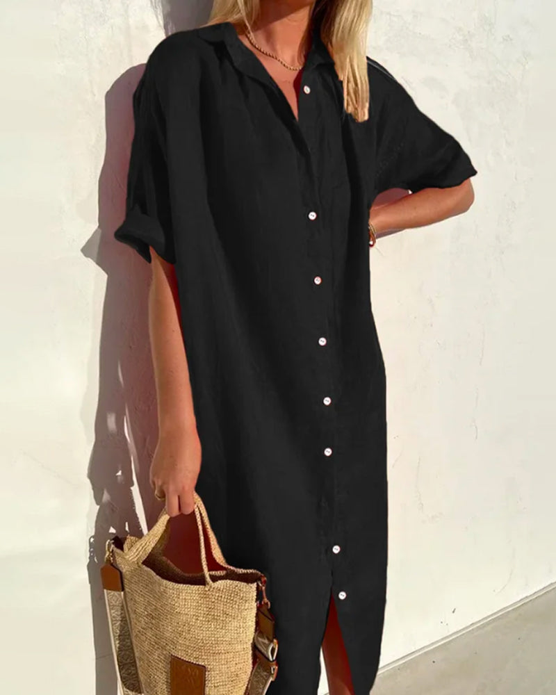 Red Woven Relaxed Fit Midi Shirt Dress for Women | Casual Summer