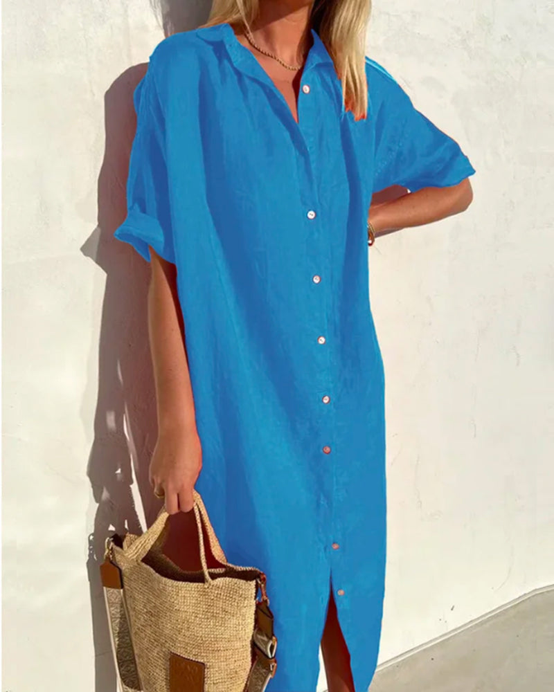 Red Woven Relaxed Fit Midi Shirt Dress for Women | Casual Summer