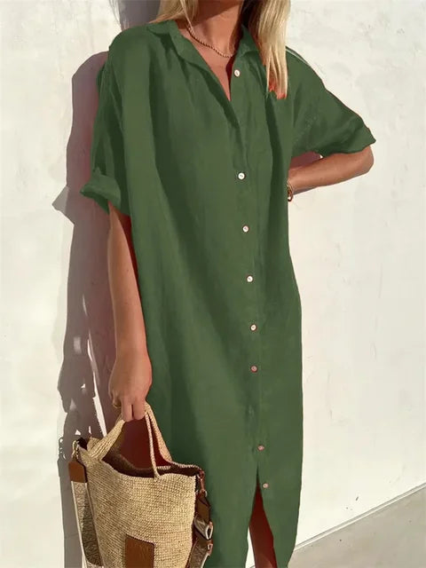 Red Woven Relaxed Fit Midi Shirt Dress for Women | Casual Summer