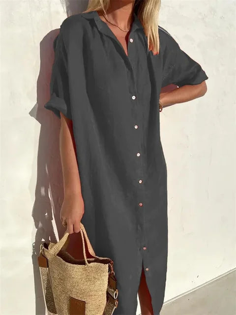 Red Woven Relaxed Fit Midi Shirt Dress for Women | Casual Summer