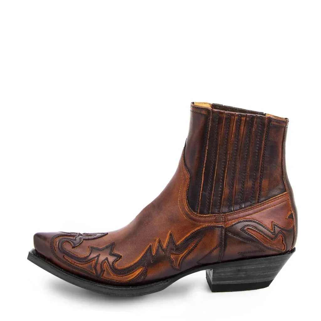 Leather Pointed Toe Western Cowboy Ankle Boots for Men | Elastic Slip On Design