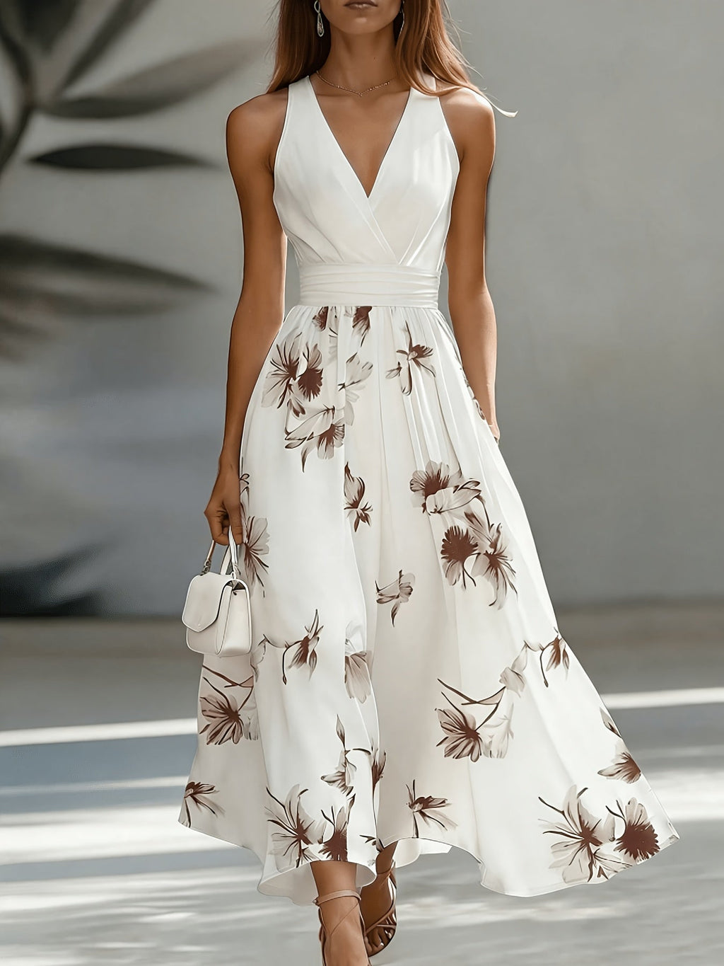 Floral Patchwork Backless Ruched Flared Maxi Dress for Women