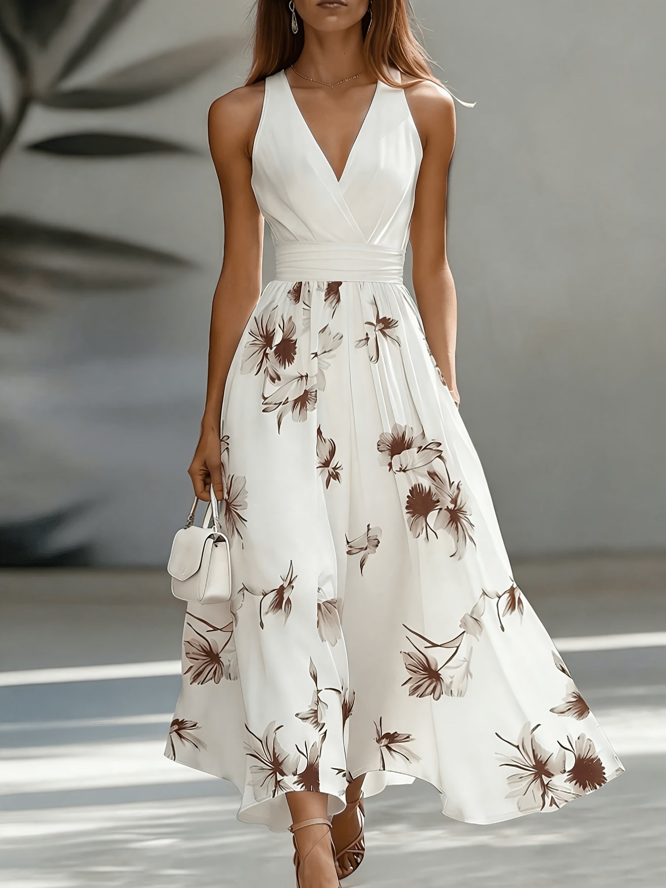 Floral Patchwork Backless Ruched Flared Maxi Dress for Women