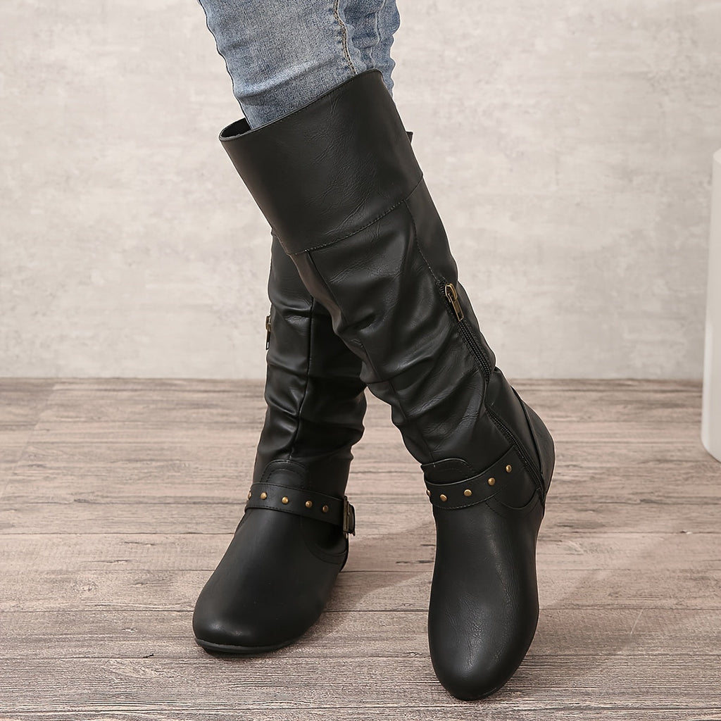 Slouch Knee High Boots with Buckle Detail and Side Zip for Women | Flat Sole