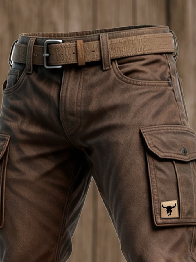 Brown Slim Fit Tapered Leg Cargo Pants with Flap Utility Pockets for Men
