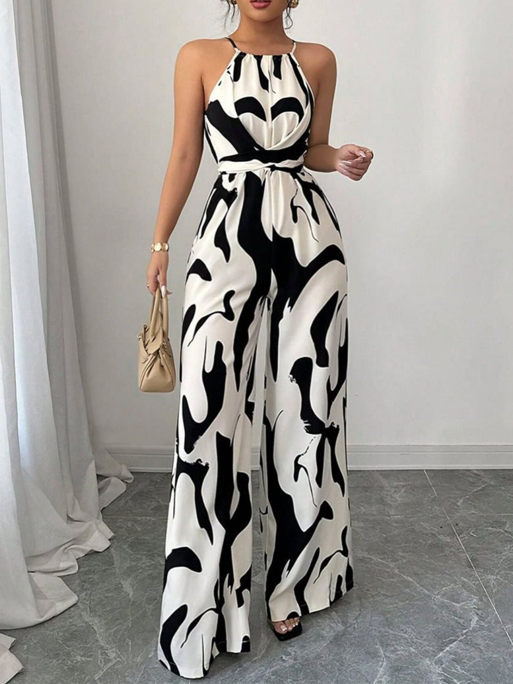 Black Abstract Print Wide Leg Jumpsuit for Women