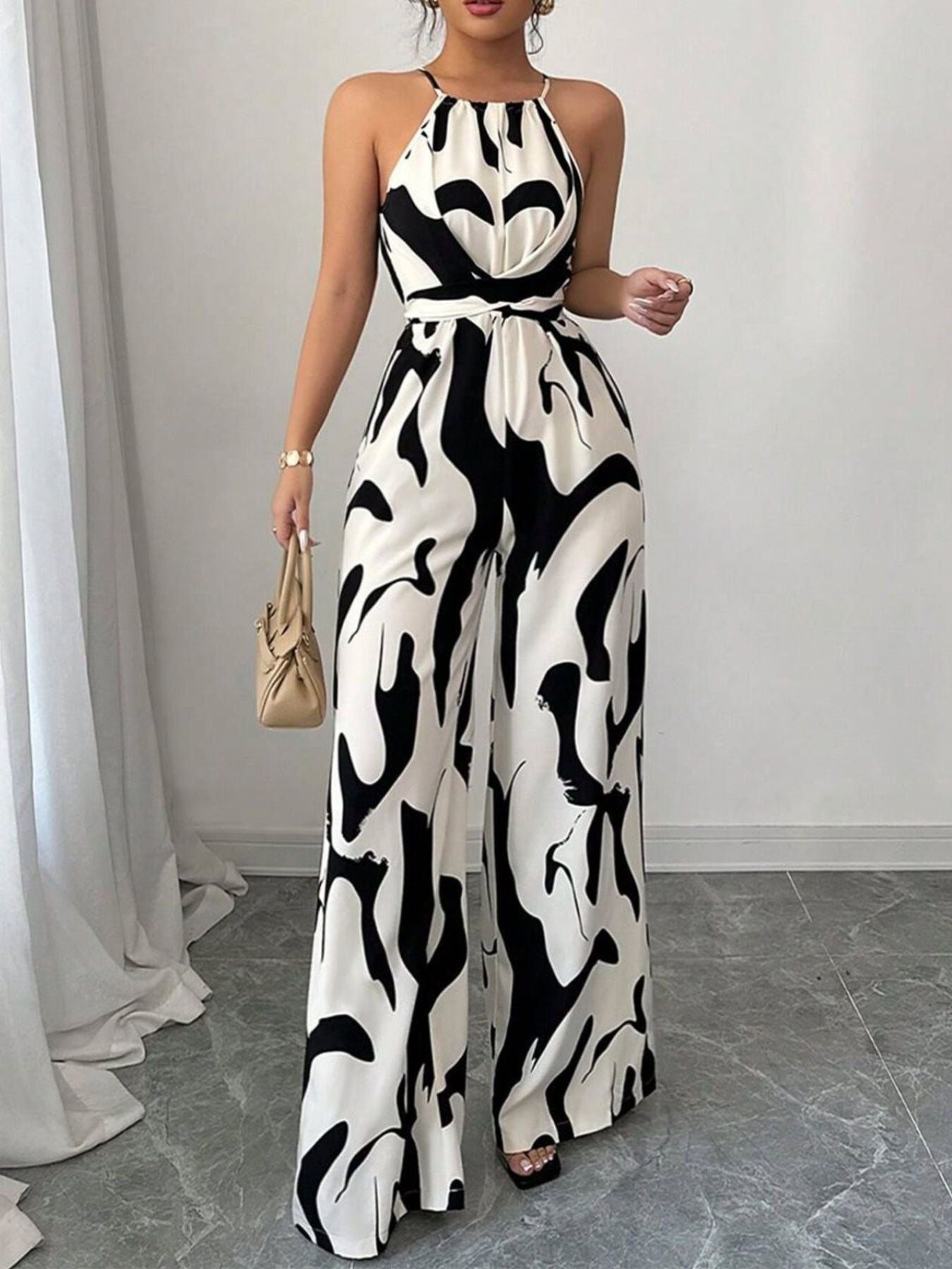 Black Abstract Print Wide Leg Jumpsuit for Women