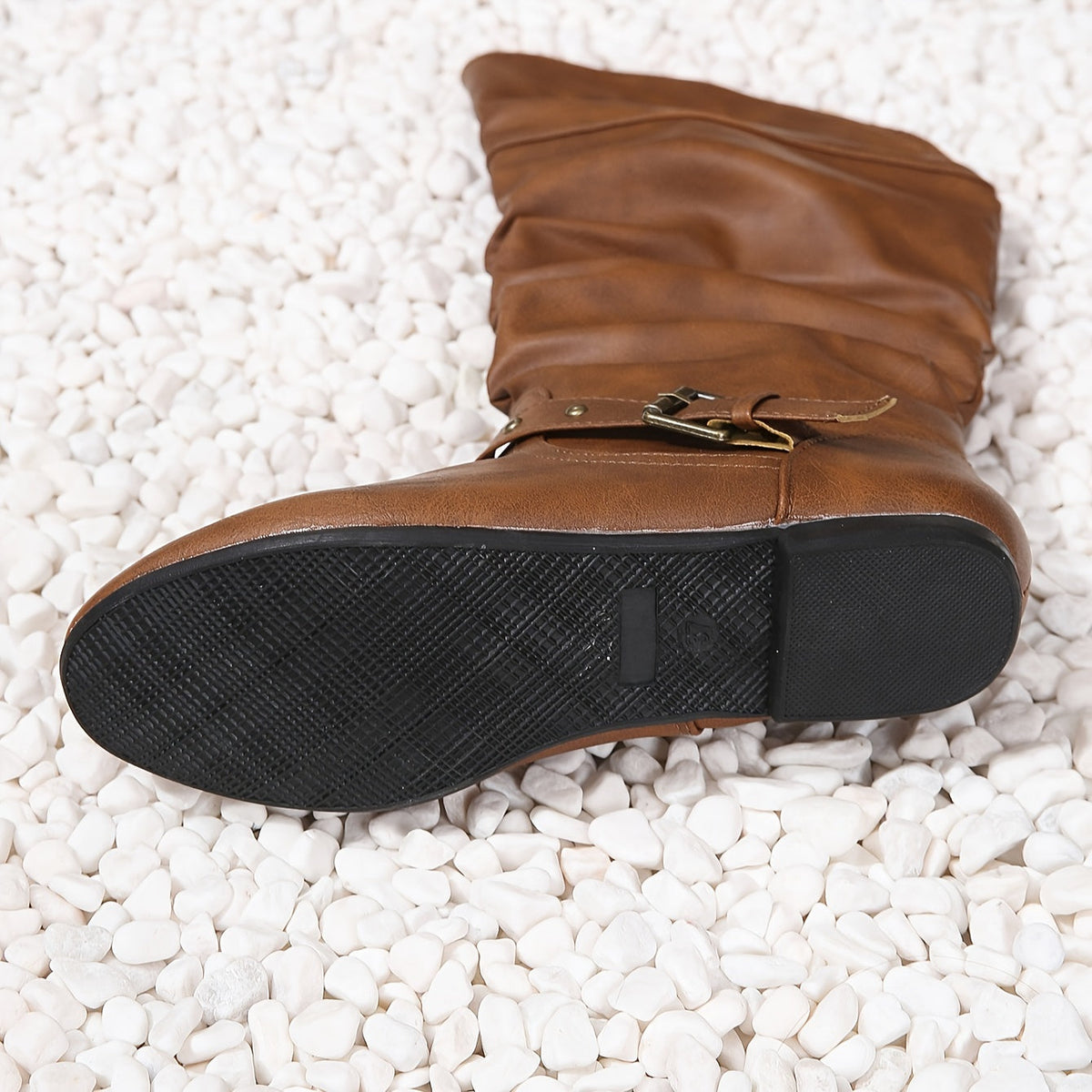 Slouch Knee High Boots with Buckle Detail and Side Zip for Women | Flat Sole