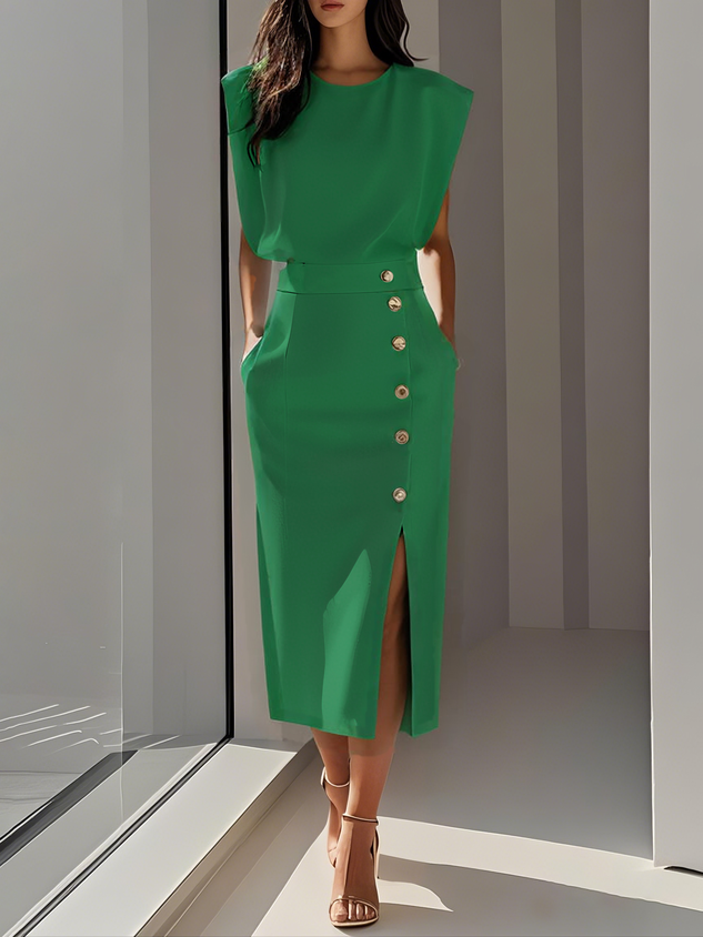 Round Neck Midi Dress with Button Slit Detail for Women