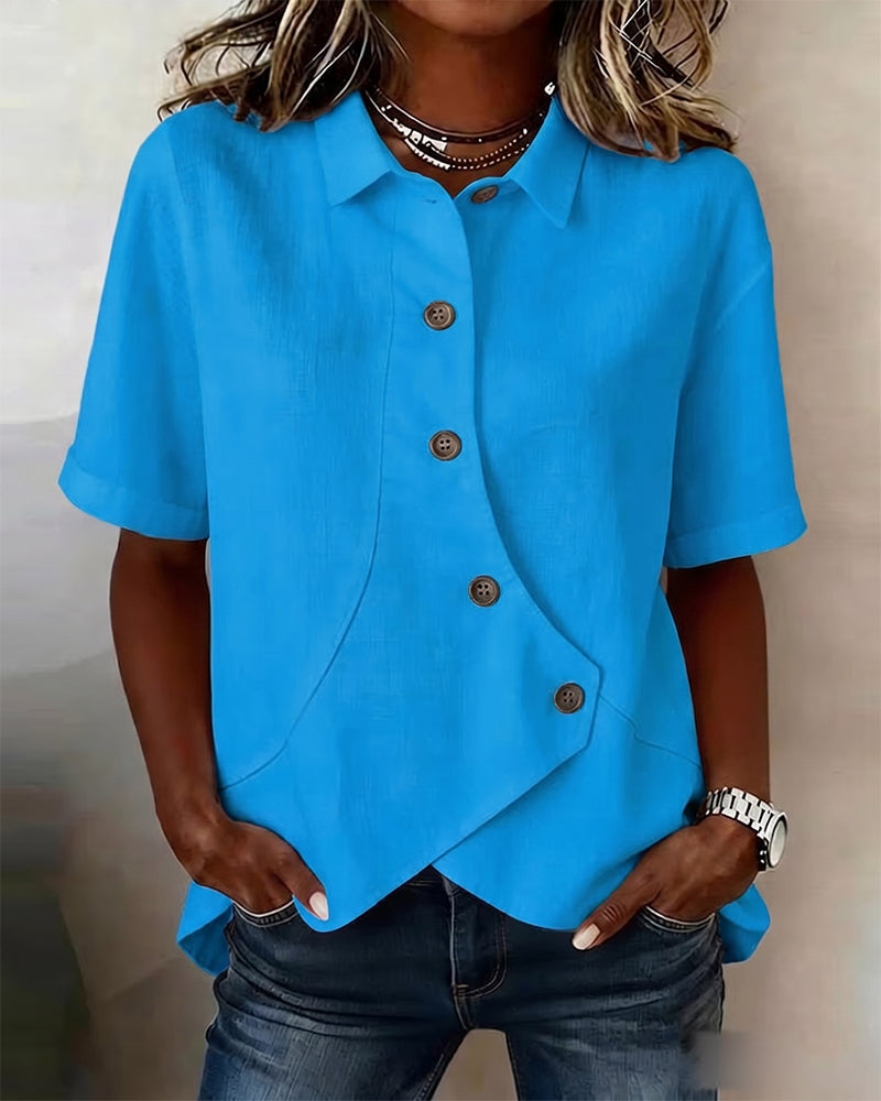 Cotton Linen Asymmetric Placket Button-Down Shirt for Men