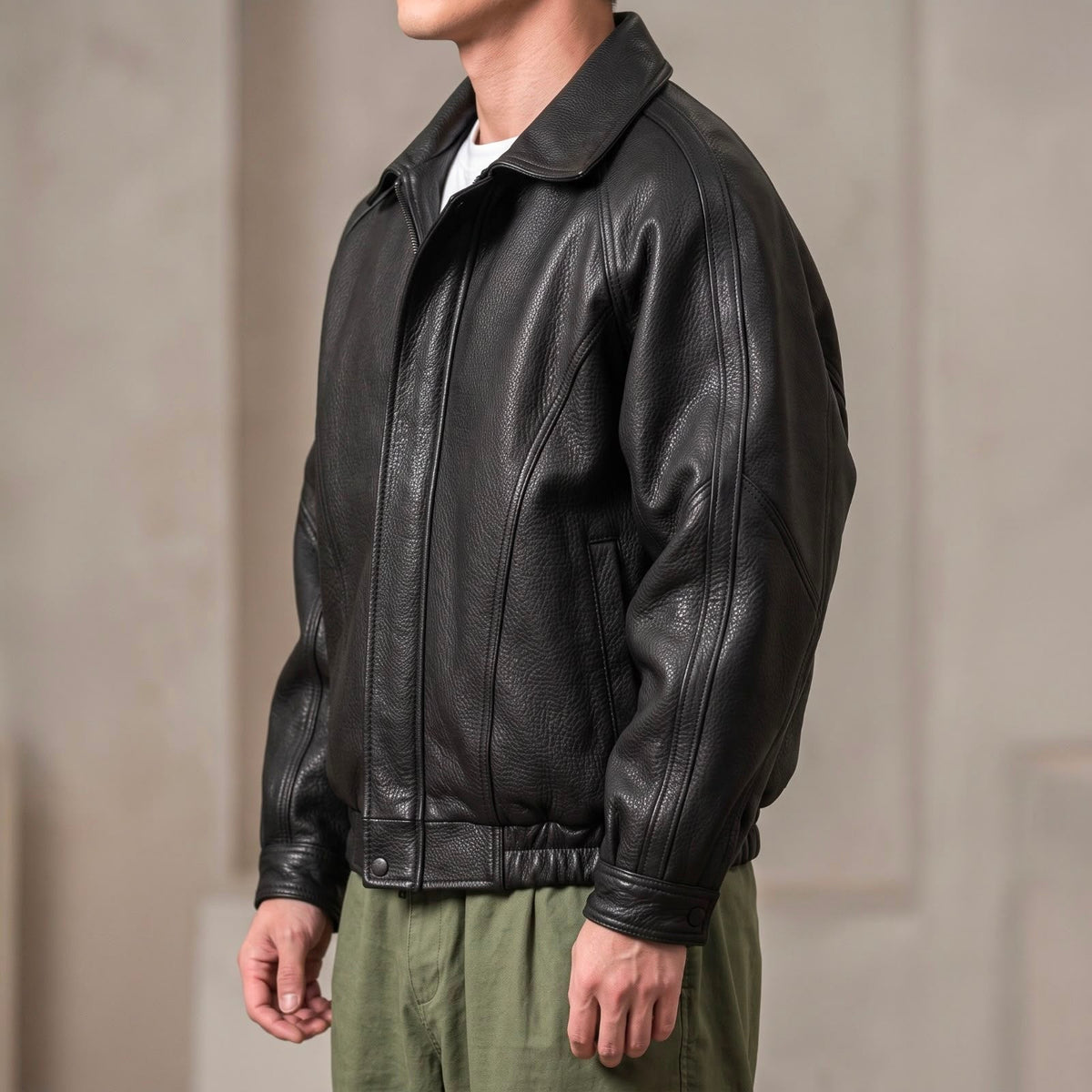 Black Leather Zip Front Structured Collar Jacket for Men | Spring Autumn Layer