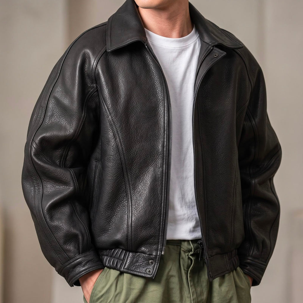 Black Leather Zip Front Structured Collar Jacket for Men | Spring Autumn Layer
