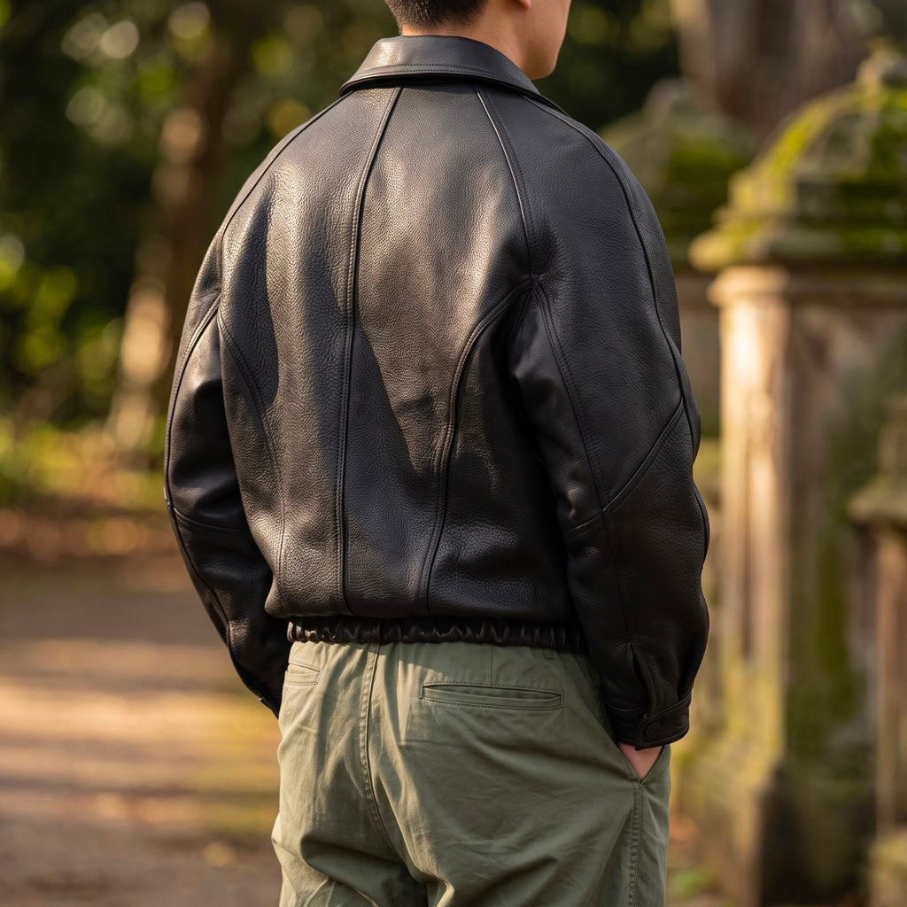 Black Leather Zip Front Structured Collar Jacket for Men | Spring Autumn Layer