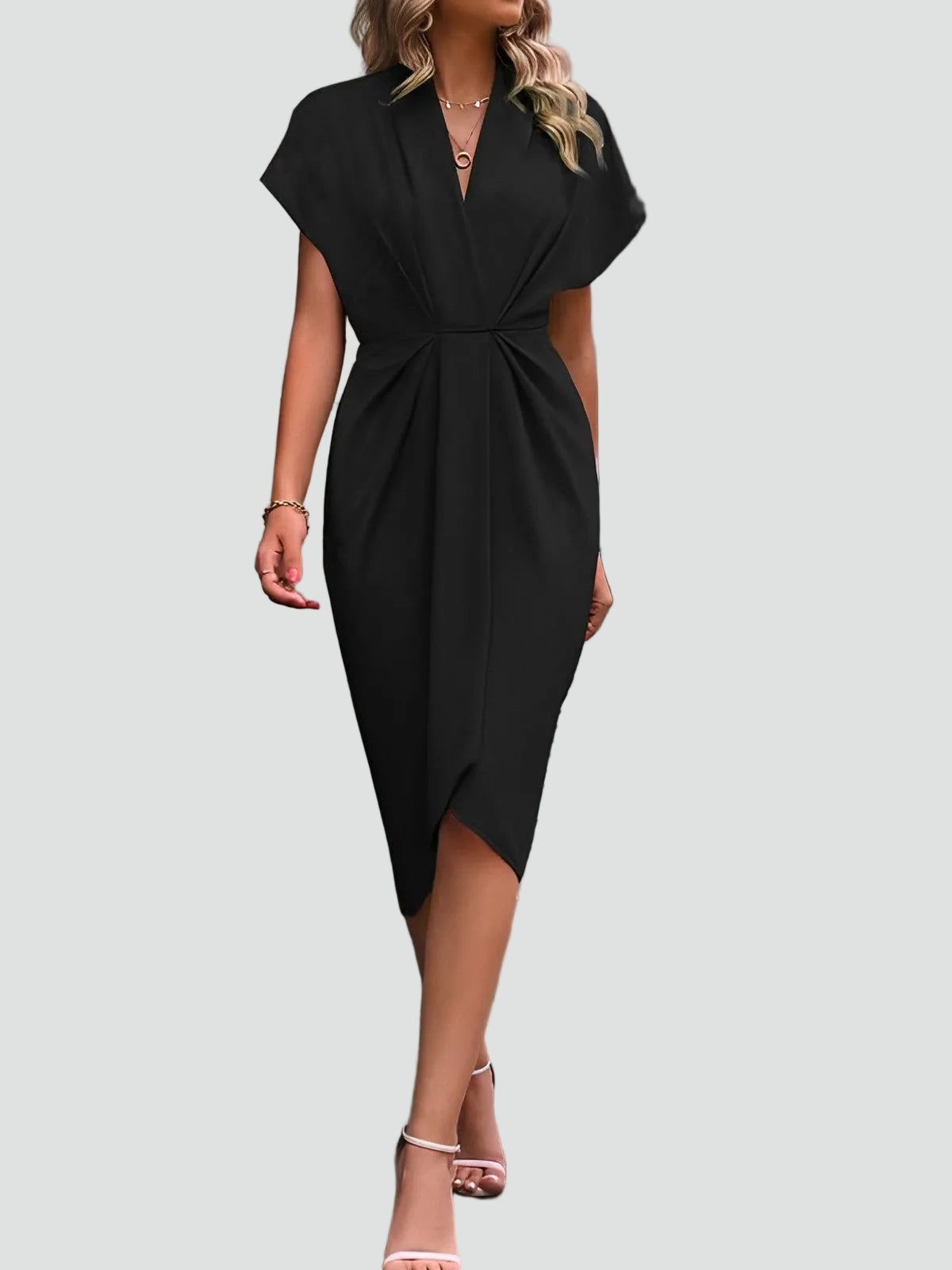Wrap Midi Dress for Women Regular Fit V-Neck with Loose Sleeves
