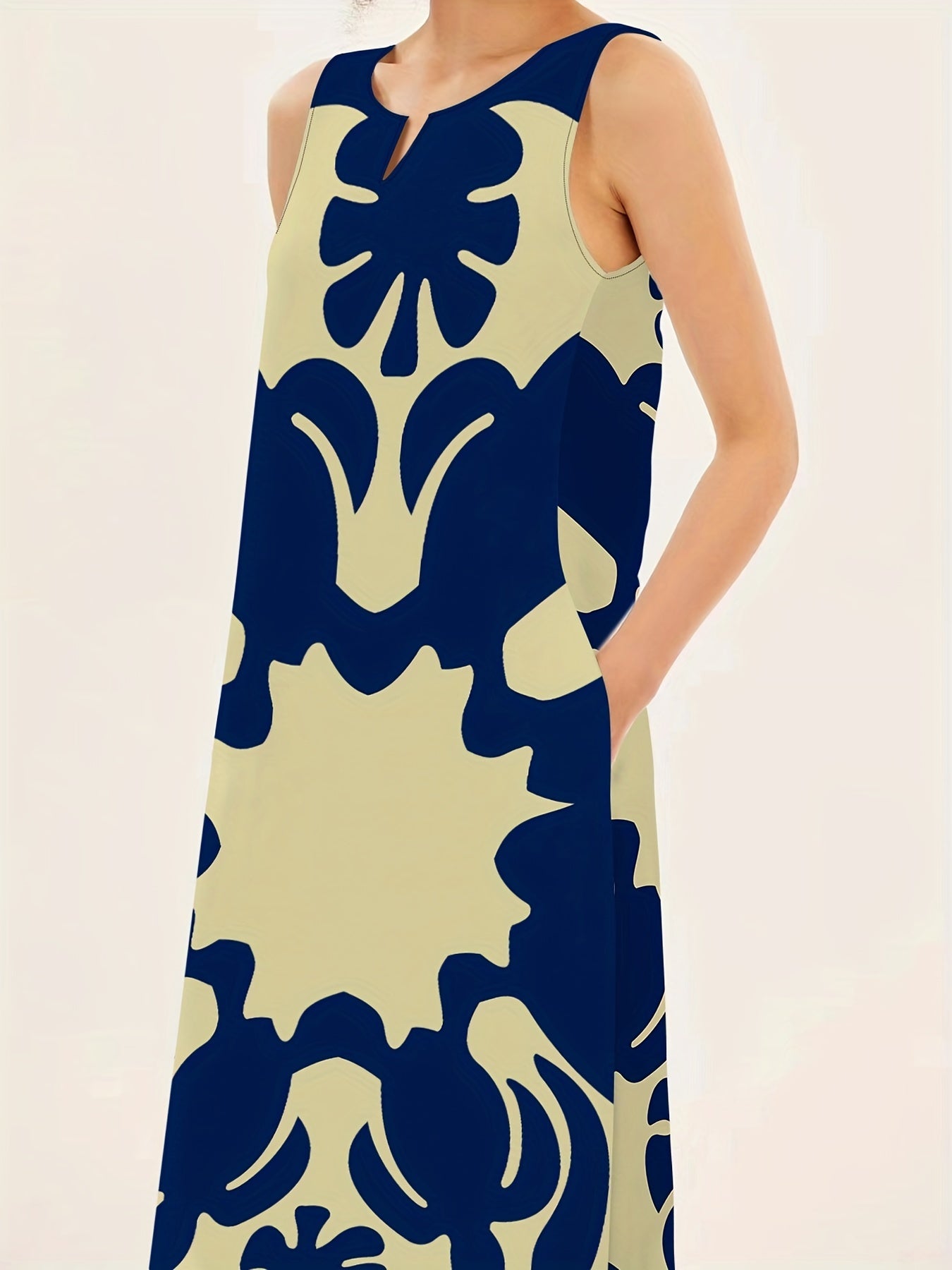 Blue Floral V-Neck Sleeveless Swing Maxi Dress for Women | With Pockets