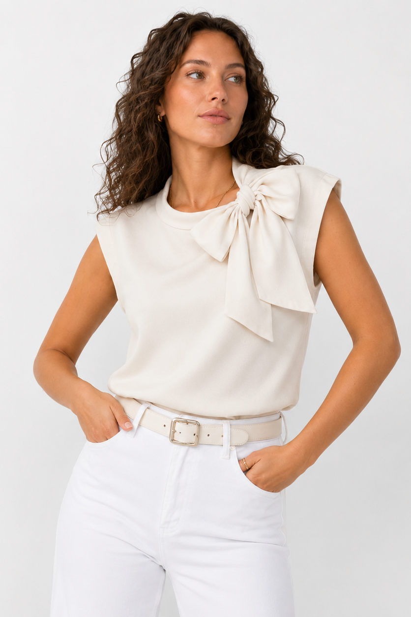 Satin Look Bow Neck Short Sleeve Blouse for Women