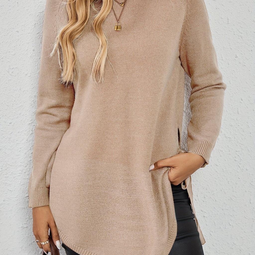 Relaxed Fit Longline Round Neck Pullover Sweater with Side Slits for Women