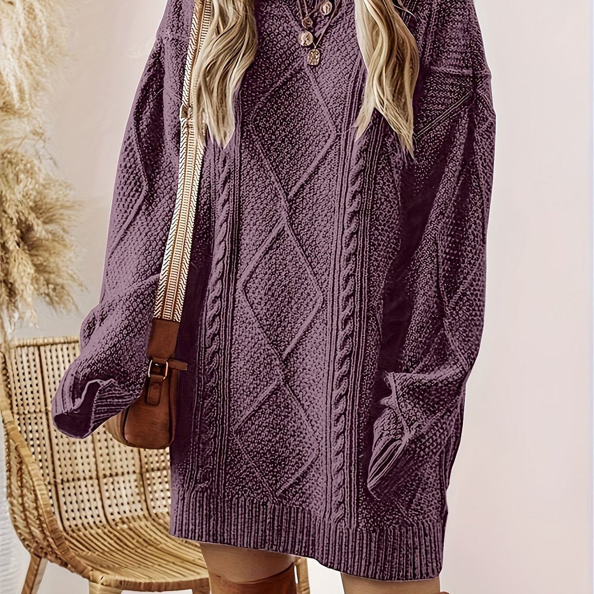Cable Knit Relaxed Fit Round Neck Sweater Dress for Women | Diamond Texture