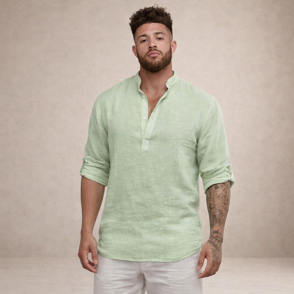 Linen Regular Fit Shirt for Men with Stand Collar and Long Sleeves