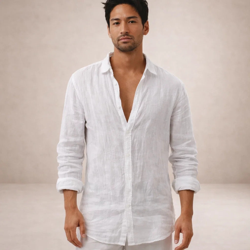 Linen Regular Fit Long Sleeve Open Collar Shirt for Men
