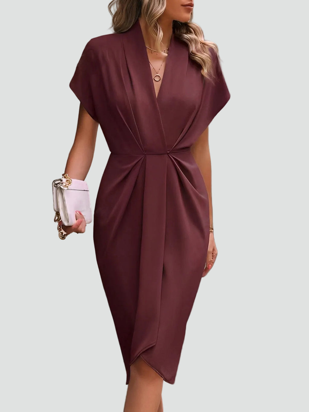 Wrap Midi Dress for Women Regular Fit V-Neck with Loose Sleeves