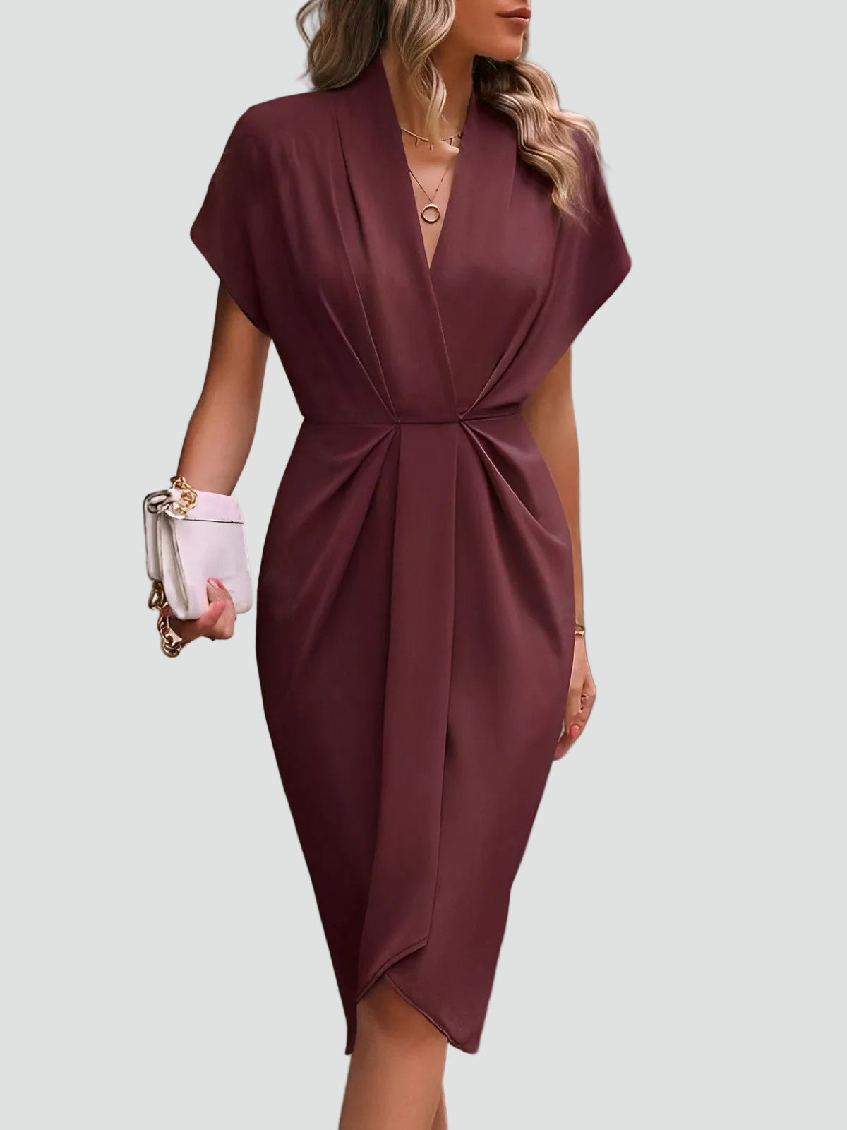 Wrap Midi Dress for Women Regular Fit V-Neck with Loose Sleeves