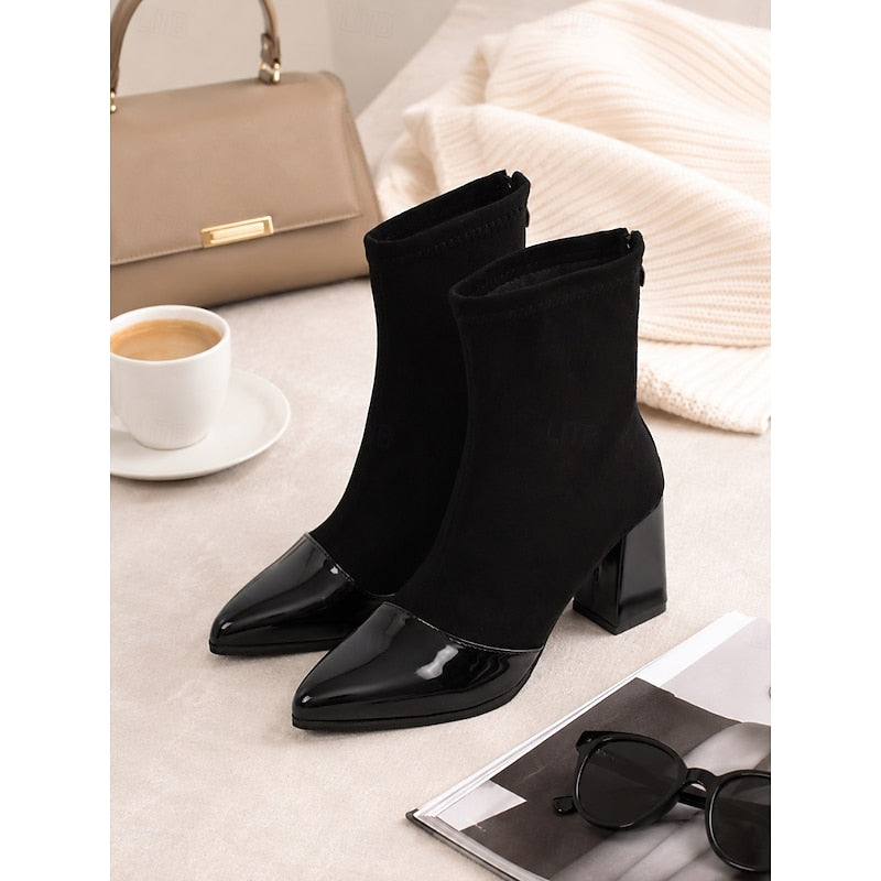 Stretch Shaft Cap Toe Chunky Block Heel Ankle Boots for Women | Slip On Style
