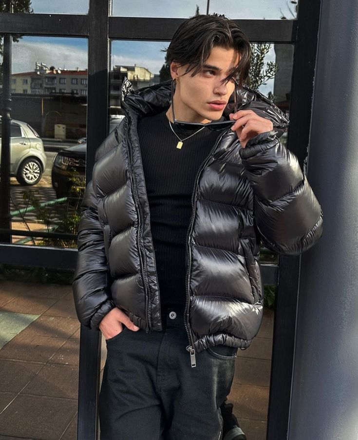 Quilted Winter Jacket with Hood High Collar and Full Zip Pockets for Men