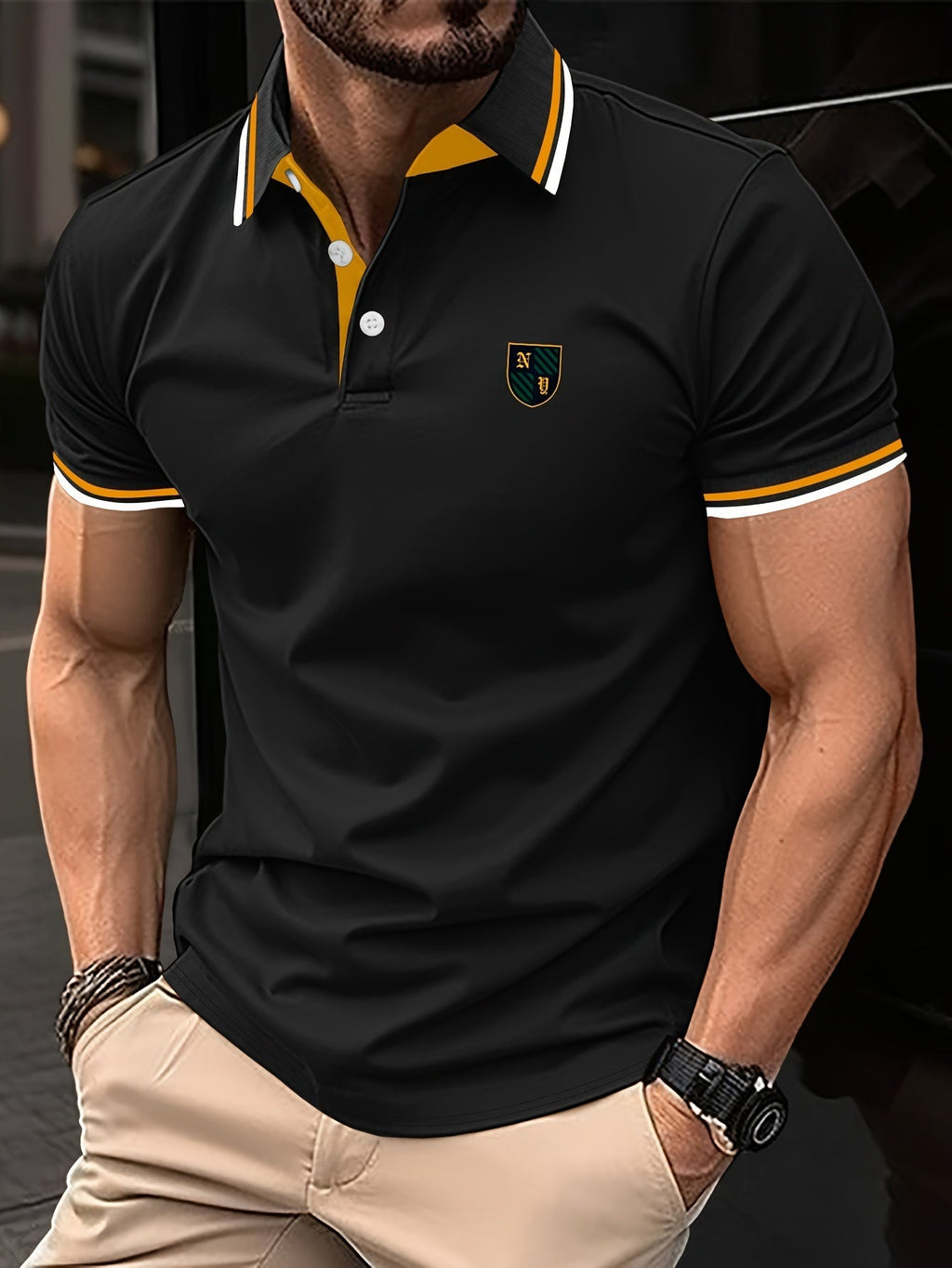 Yellow Striped Short Sleeve Knit Polo Shirt for Men | Lightweight Summer Wear