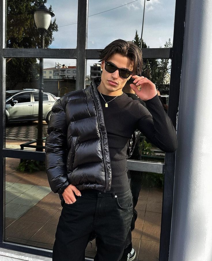 Quilted Winter Jacket with Hood High Collar and Full Zip Pockets for Men