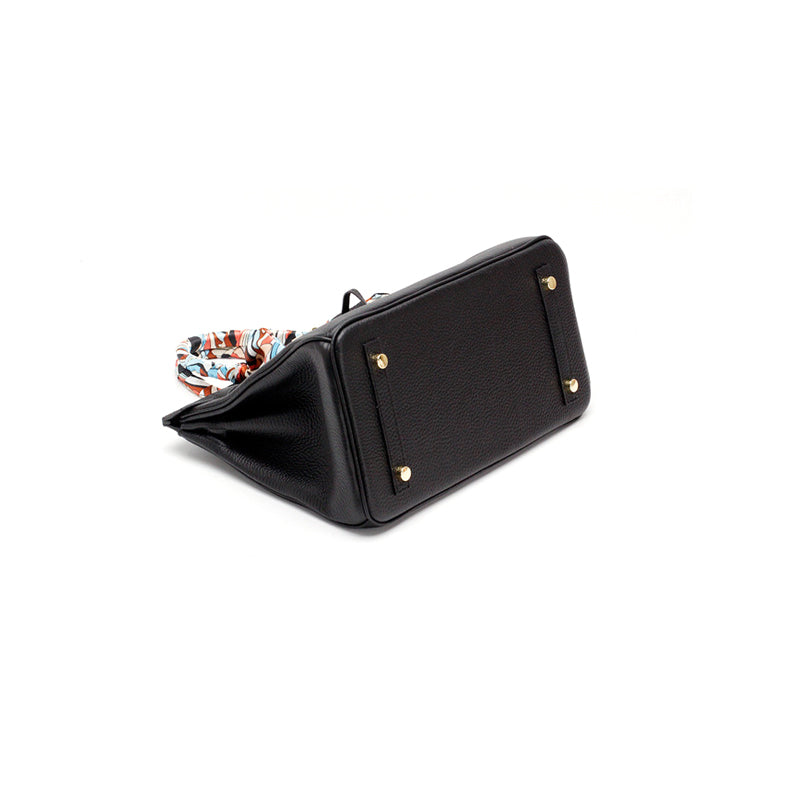 Genuine Leather Twist Lock Multi Pocket Handbag with Gold Hardware for Women