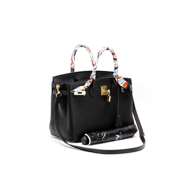 Genuine Leather Twist Lock Multi Pocket Handbag with Gold Hardware for Women