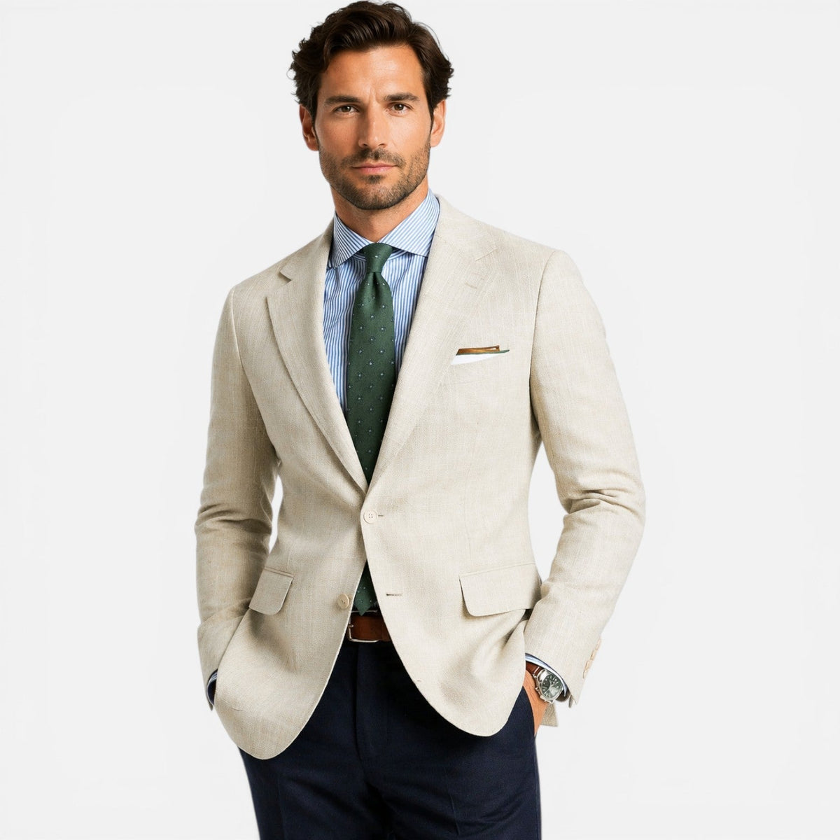 Beige Linen Slim Fit Tailored Blazer for Men | Smart Casual Summer Wear