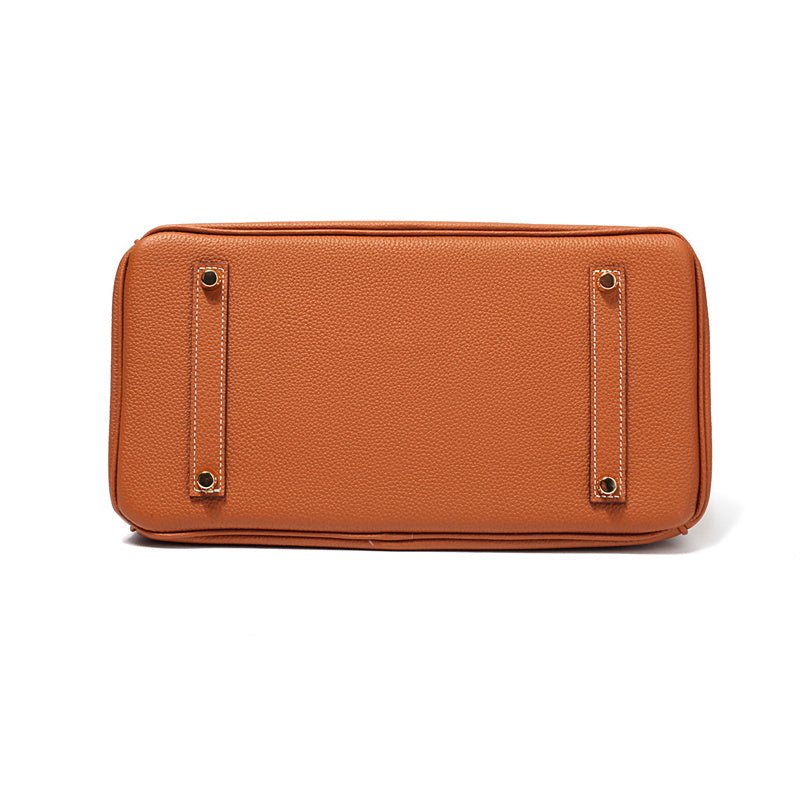 Genuine Leather Twist Lock Multi Pocket Handbag with Gold Hardware for Women