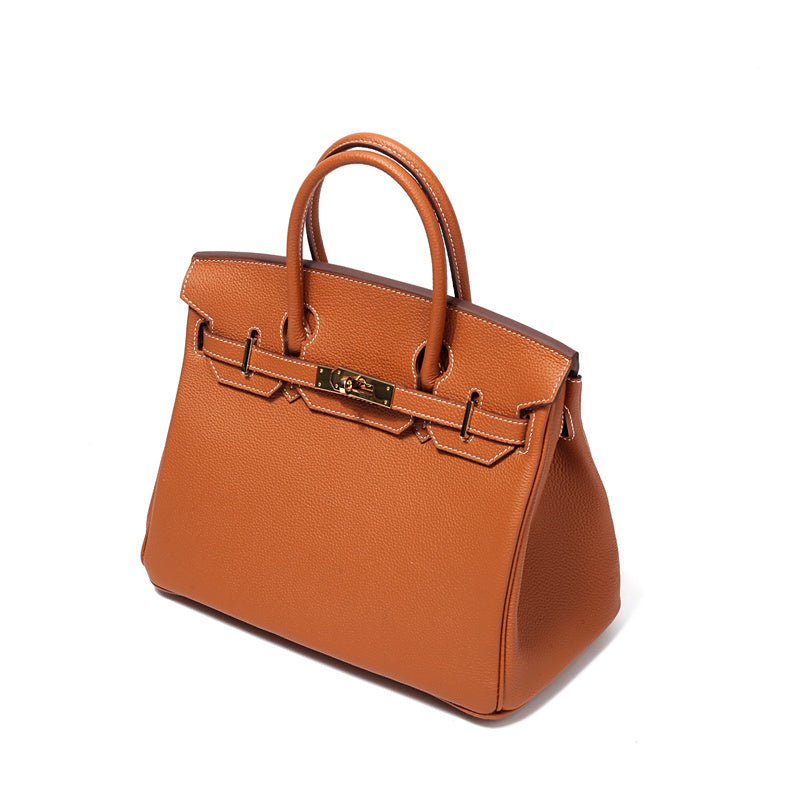 Genuine Leather Twist Lock Multi Pocket Handbag with Gold Hardware for Women