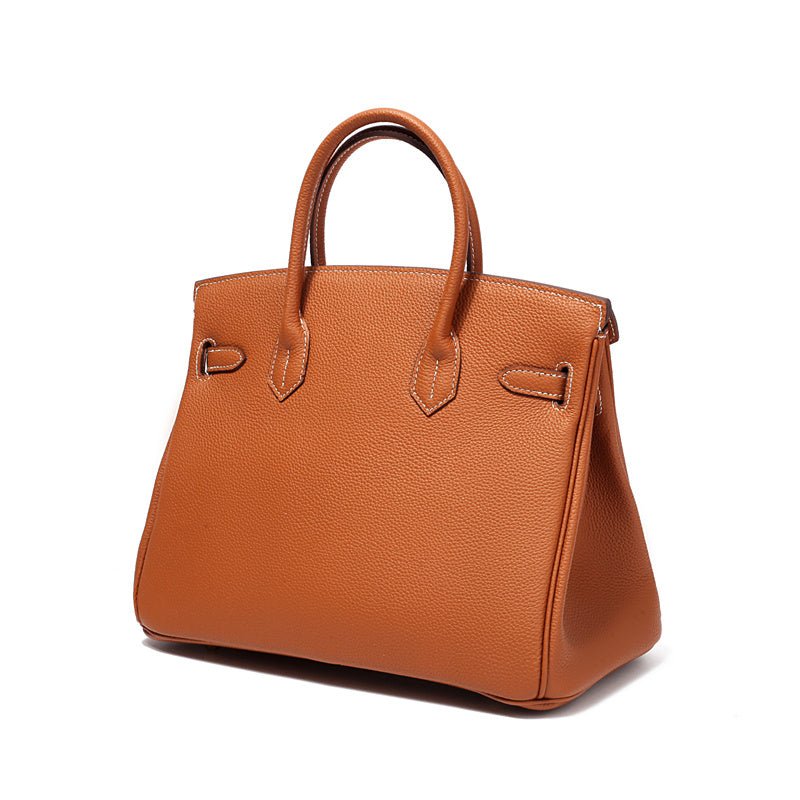 Genuine Leather Twist Lock Multi Pocket Handbag with Gold Hardware for Women