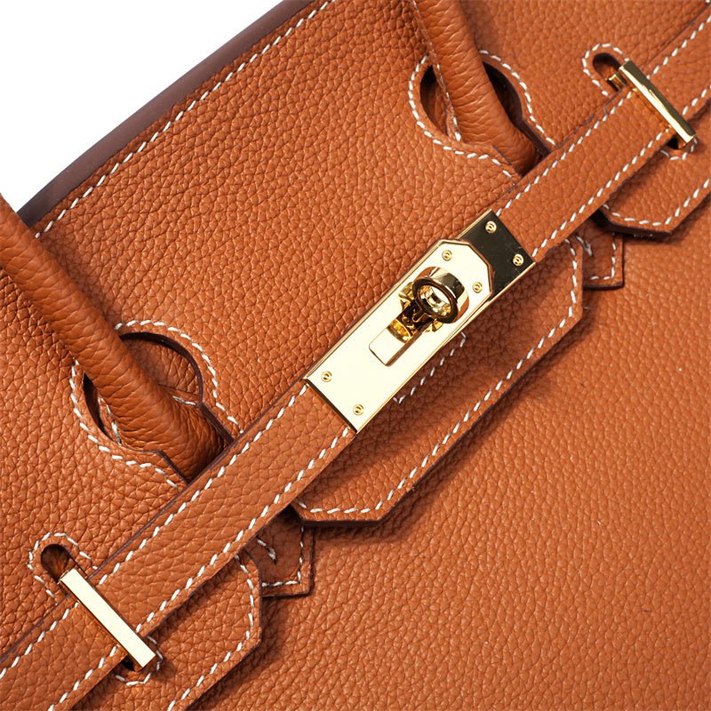 Genuine Leather Twist Lock Multi Pocket Handbag with Gold Hardware for Women