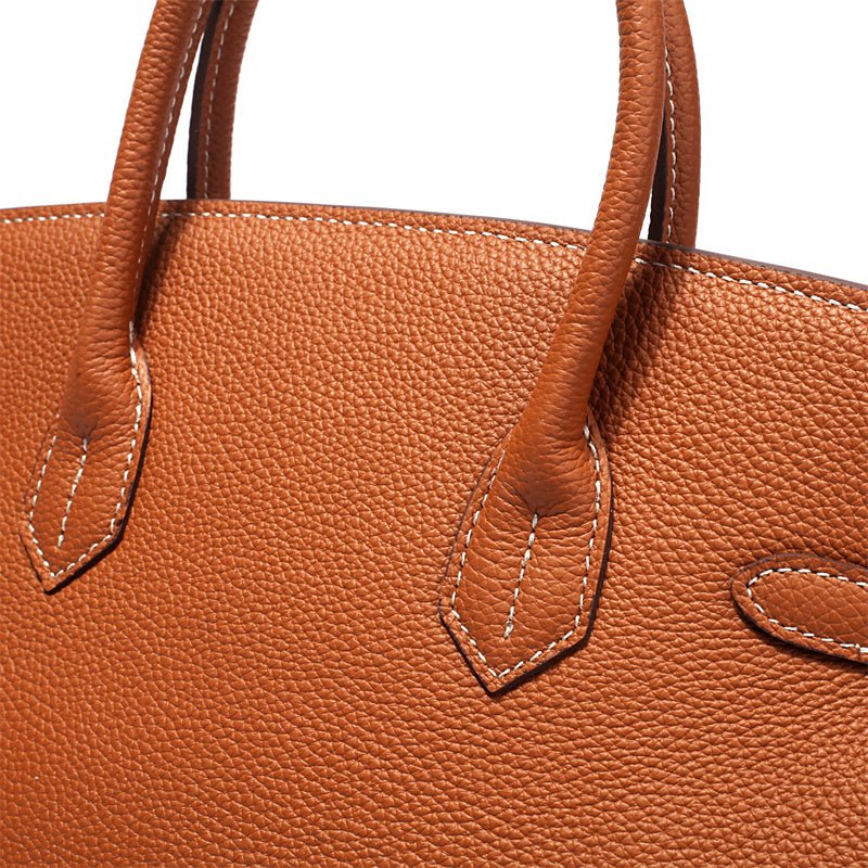 Genuine Leather Twist Lock Multi Pocket Handbag with Gold Hardware for Women