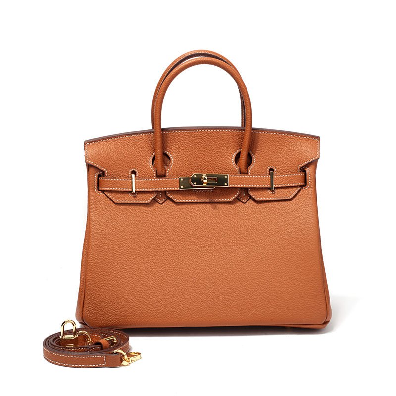 Genuine Leather Twist Lock Multi Pocket Handbag with Gold Hardware for Women