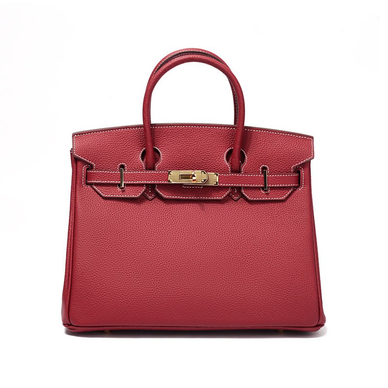 Genuine Leather Twist Lock Multi Pocket Handbag with Gold Hardware for Women