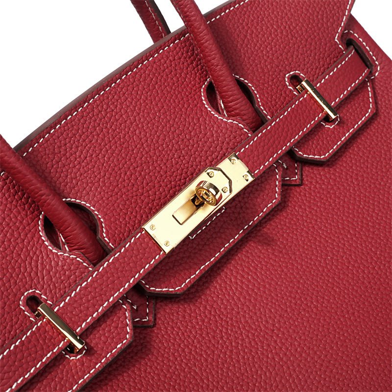 Genuine Leather Twist Lock Multi Pocket Handbag with Gold Hardware for Women