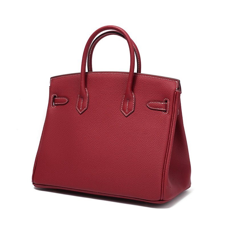 Genuine Leather Twist Lock Multi Pocket Handbag with Gold Hardware for Women